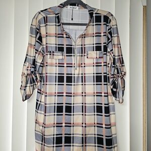 Checked Half-Zip Tunic Blouse - Black, Cream & Pink